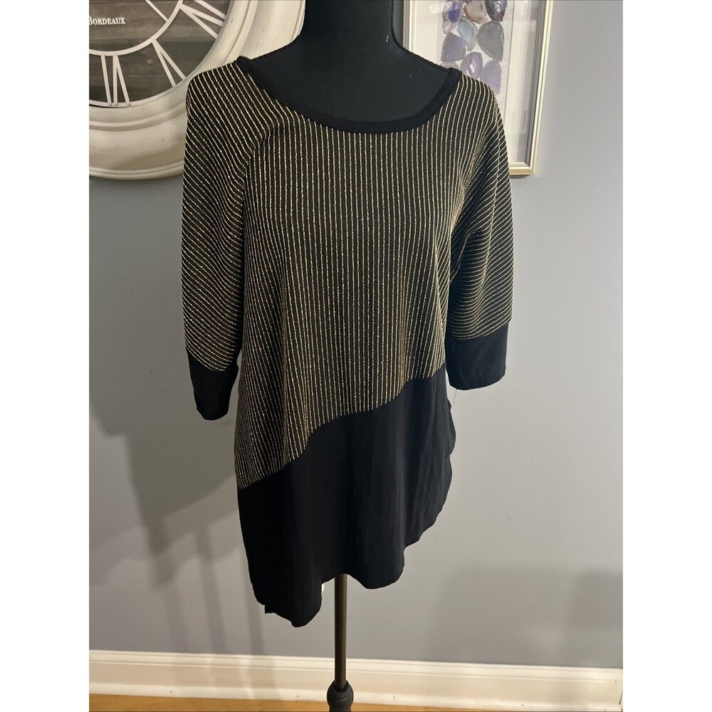 Inner Beauty Brand Blouse Black & Gold 1980's Large Asymmetrical